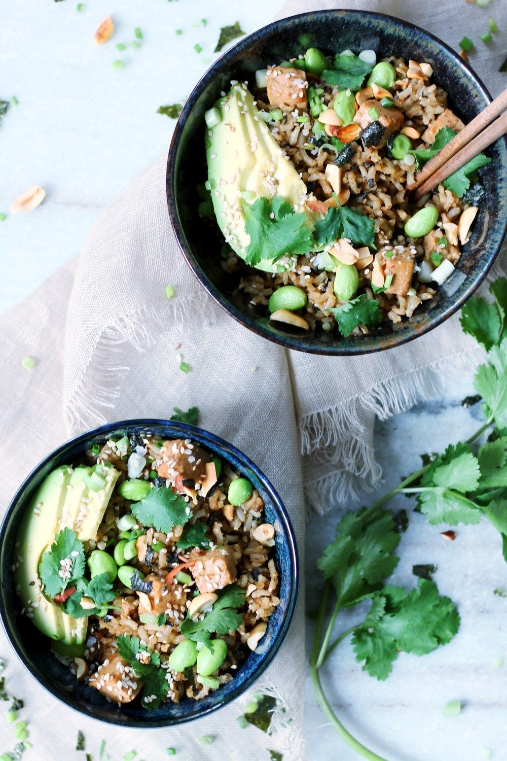 vegan poke bowls with green tea rice