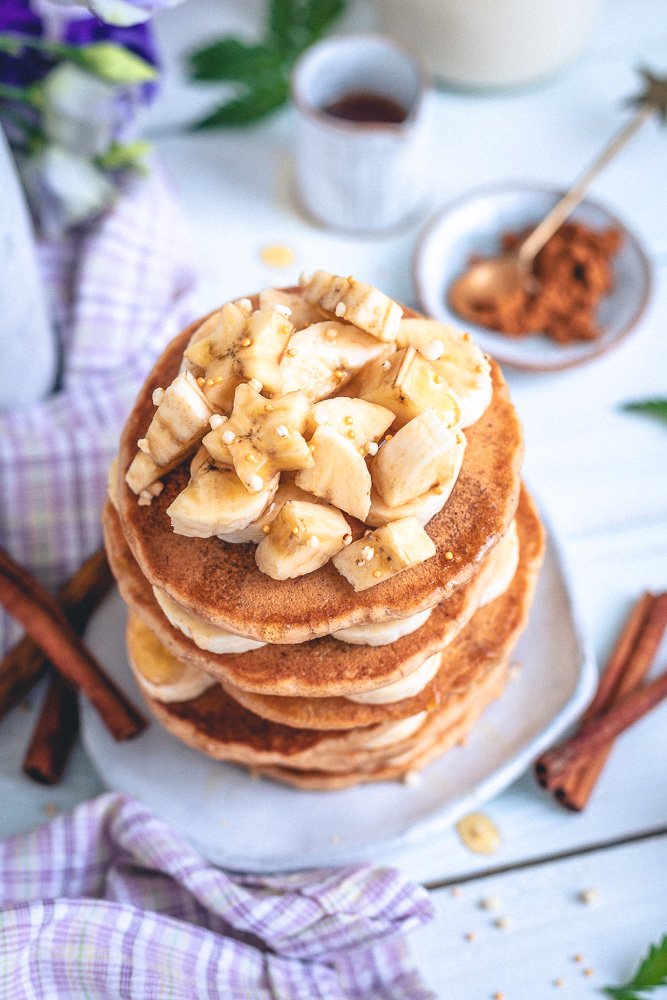 Vegan banana pancakes that are light and fluffy. It's an easy to make recipe great for weekend breakfast with friends. 
